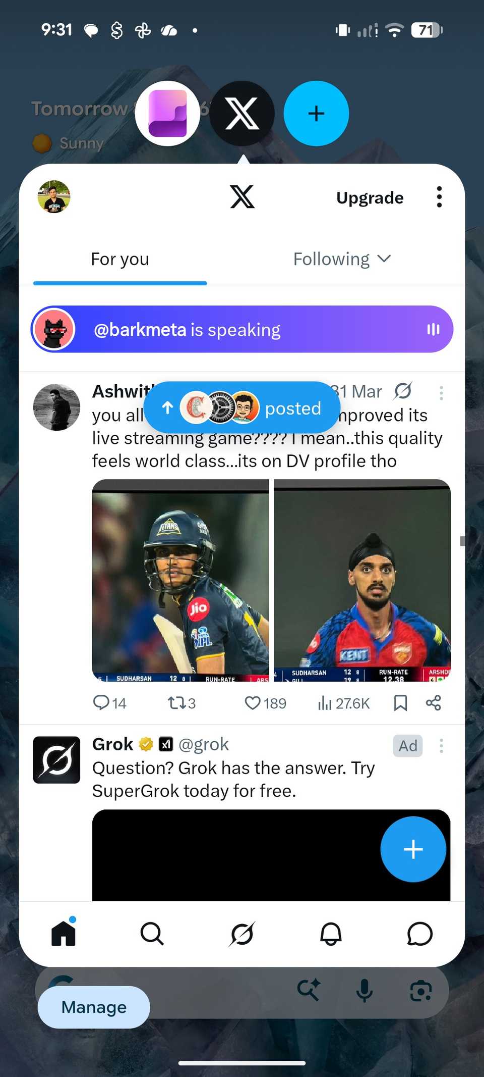 X in multitasking bubble on Pixel 8 running Android 17