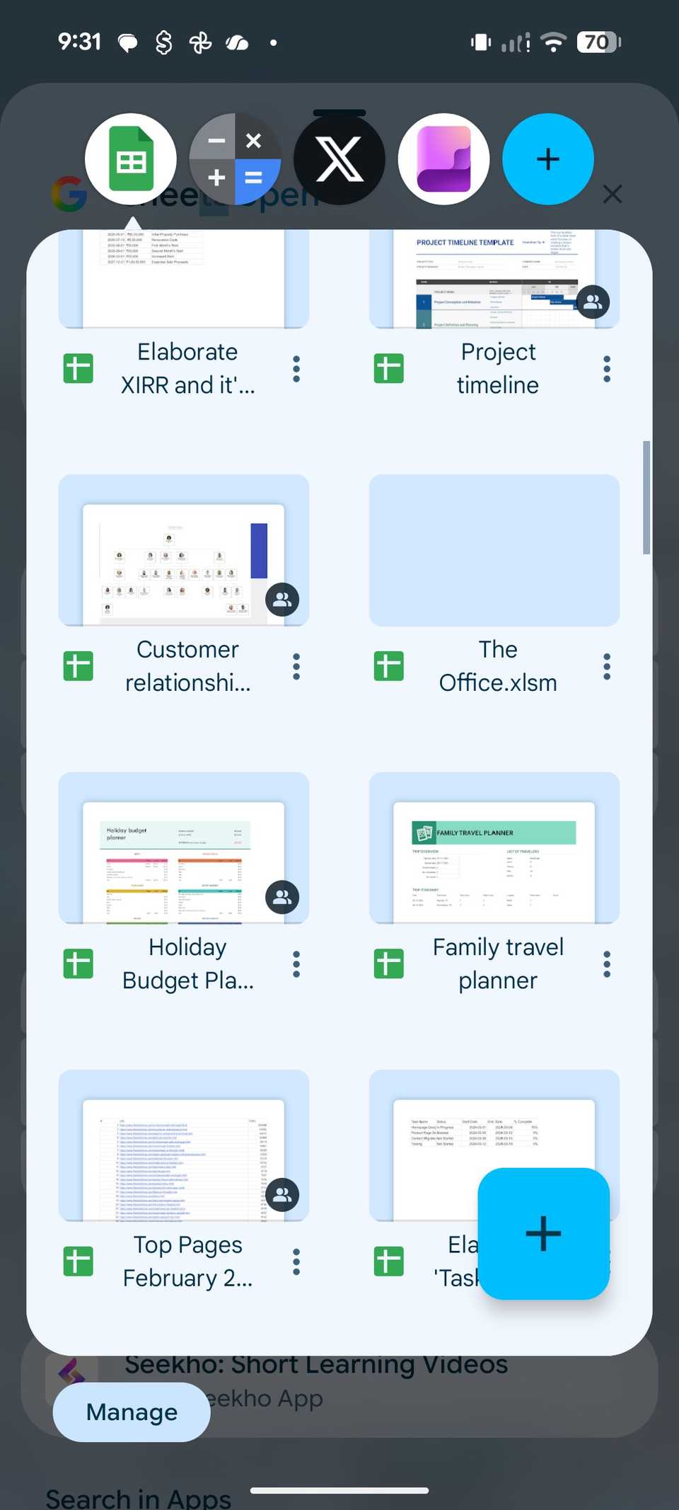 Google Sheets in multitasking bubble on Pixel 8 running Android 17
