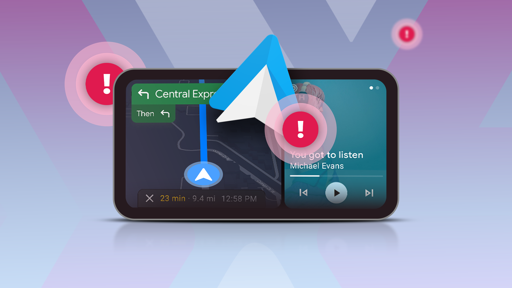 Interface do Android Auto mostrando navegação e música com vários ícones de exclamação de aviso vermelhos.