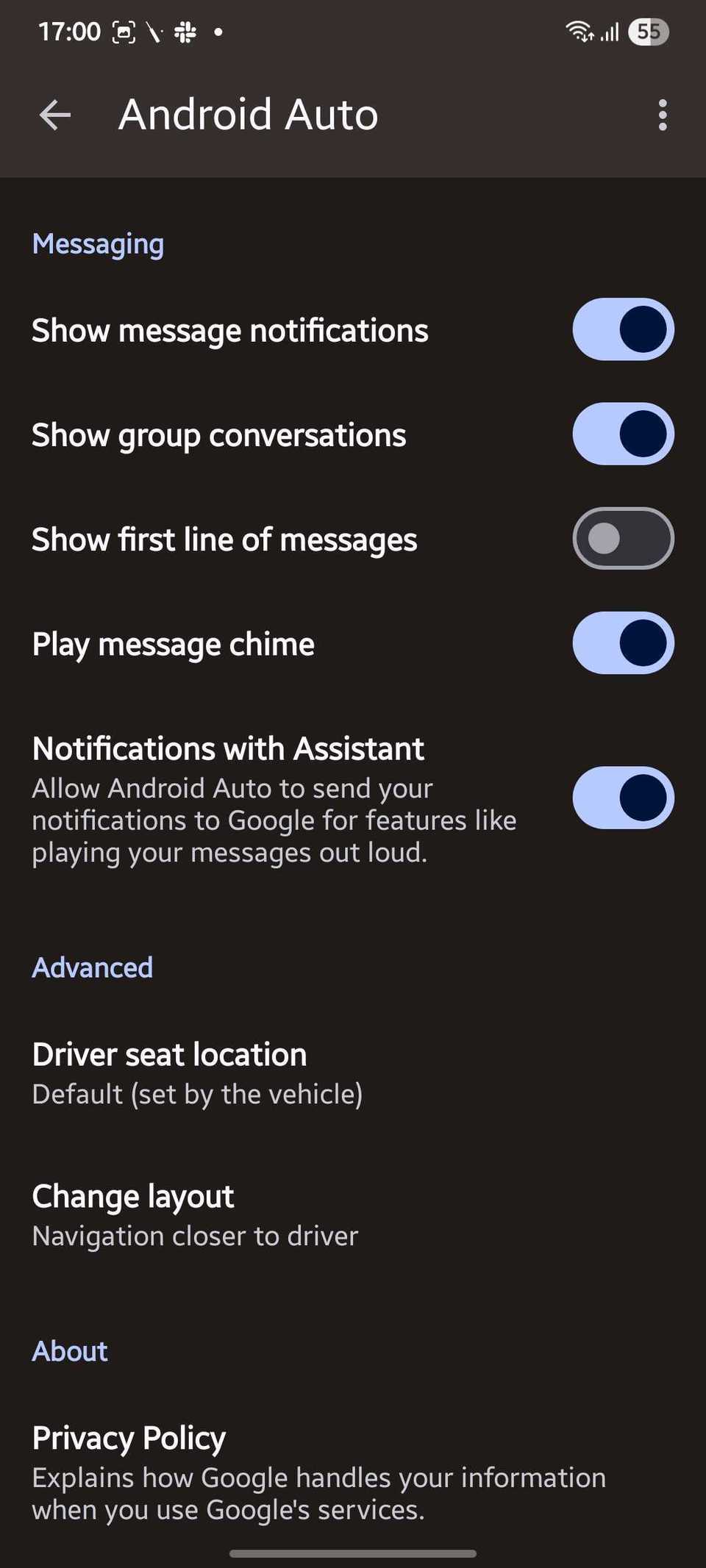 Screenshot showing Android Auto messaging notifications toggles
