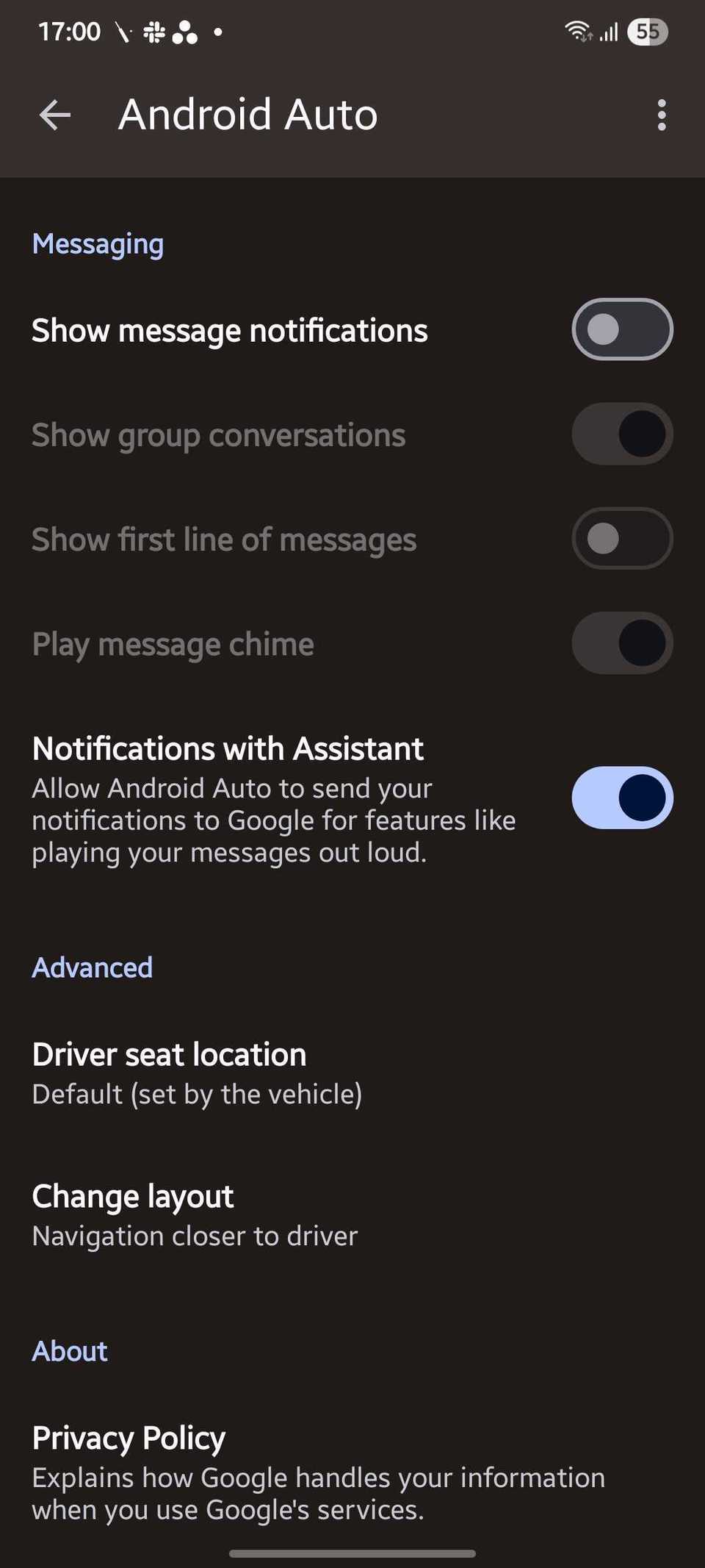 Screenshot showing Android Auto's messaging section