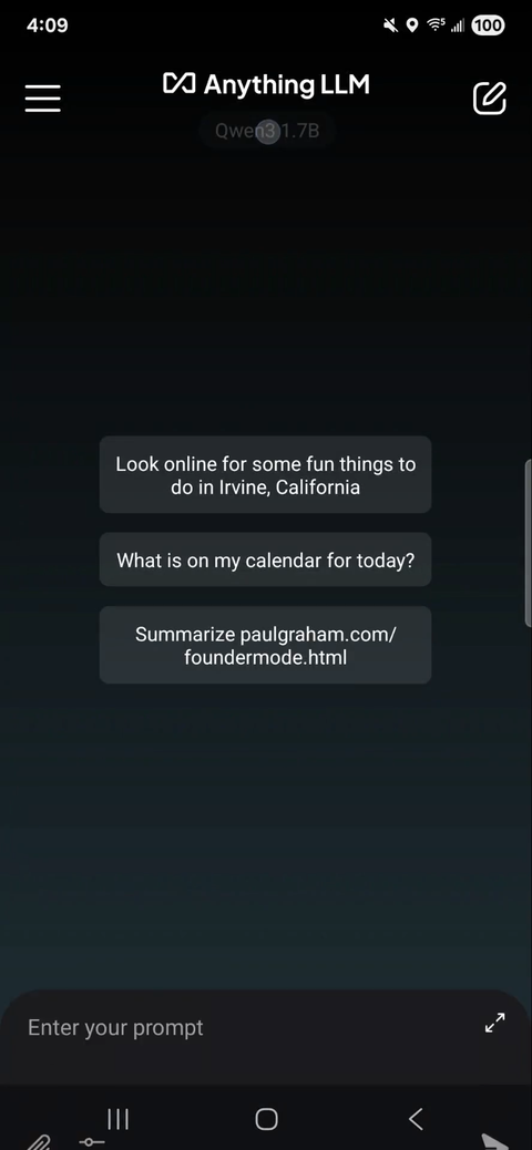 AnythingLLM chat interface with sample prompts