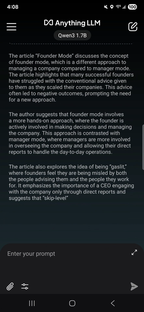 AnythingLLM summarizing a document