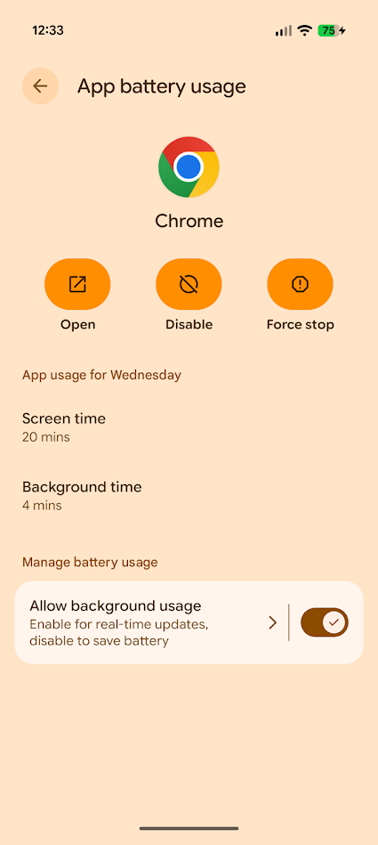 app battery usage page for chrome android app