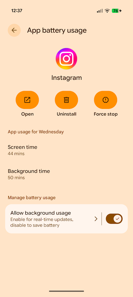 app battery usage page for instagram android app