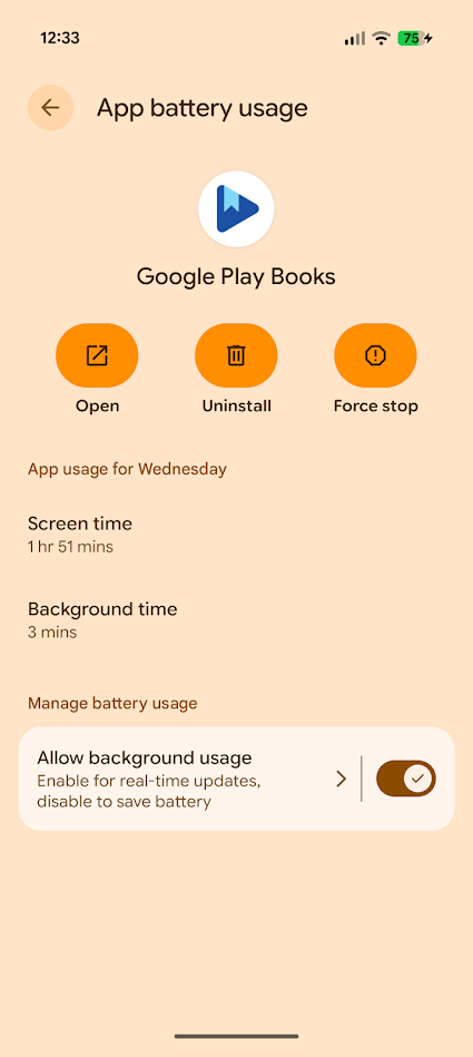app battery usage page for play books android app