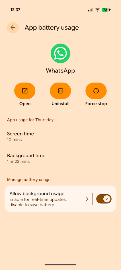 app battery usage page for whatsapp android app