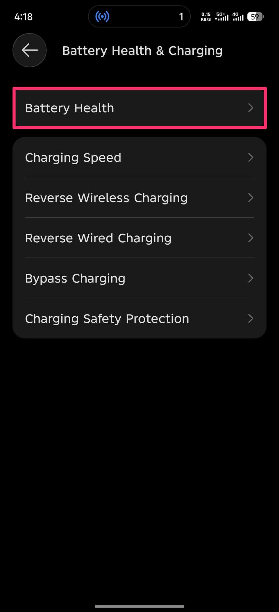Menu showing Battery Health and other charging options for Android phone