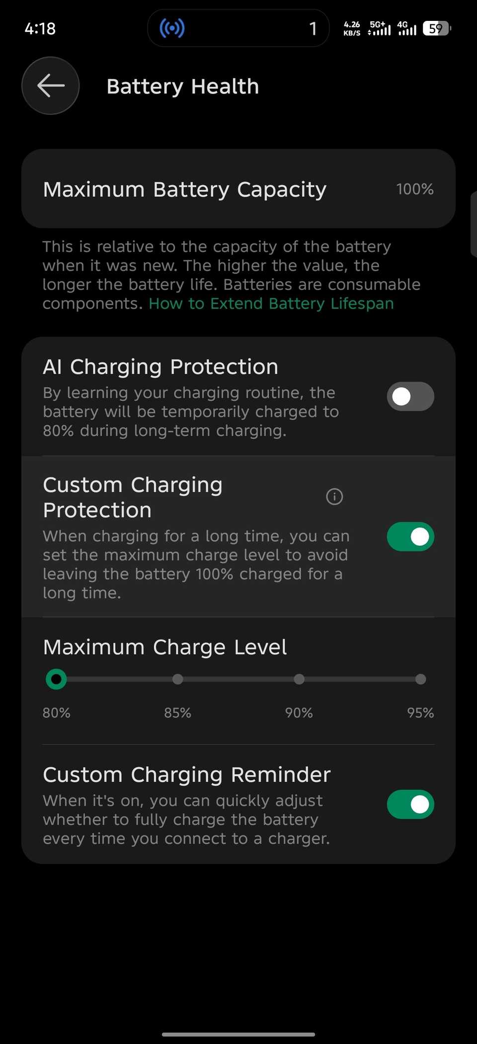 Menu showing 100% battery health and different charging options on Android phone