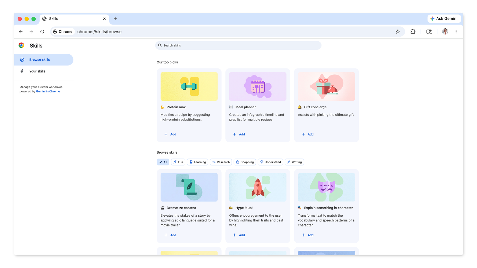 Uma imagem destacando a Biblioteca de habilidades do Chrome.