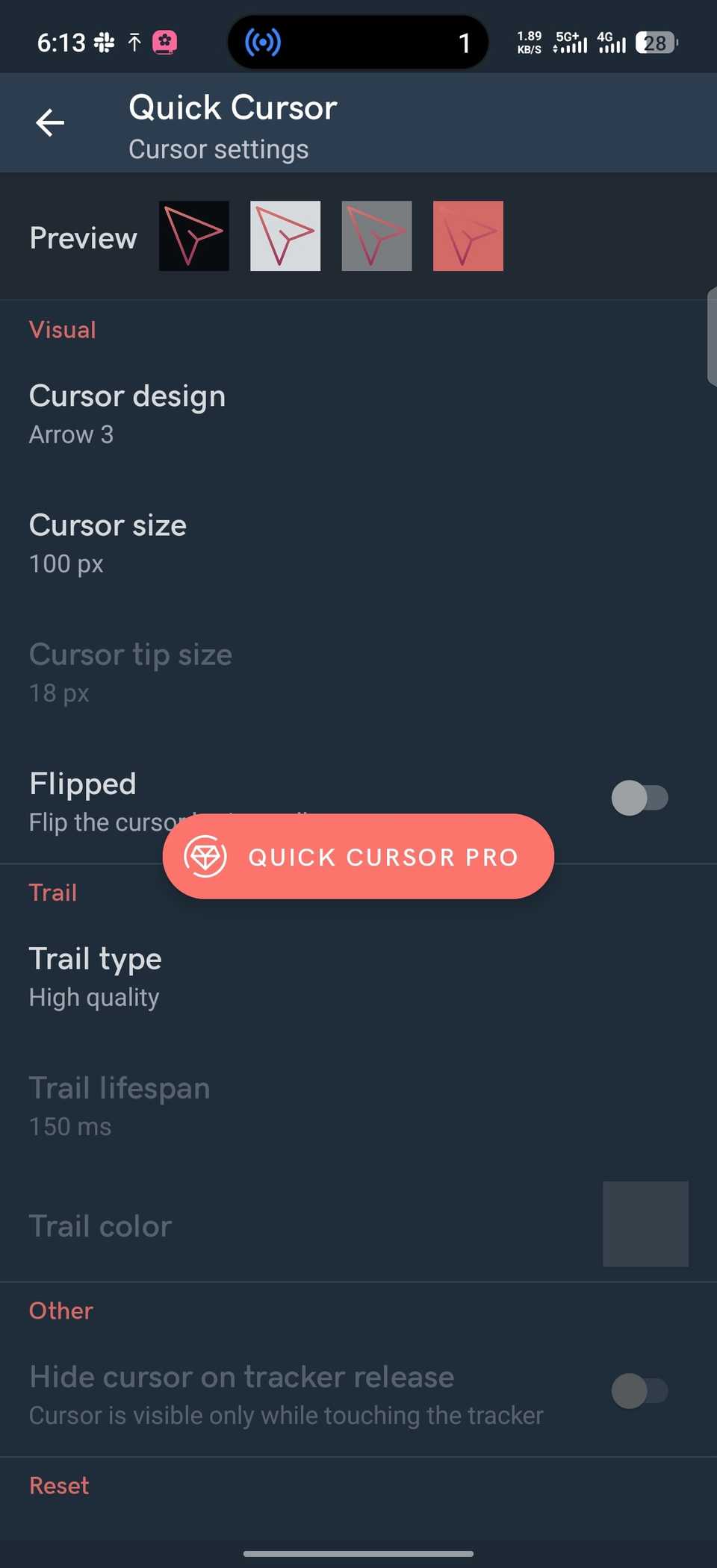 Menu showing options to customise mouse pointer design and more on Quick Cursor app