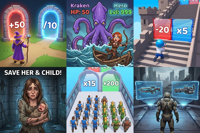 uma colagem de anúncios falsos de jogos para celular no Android