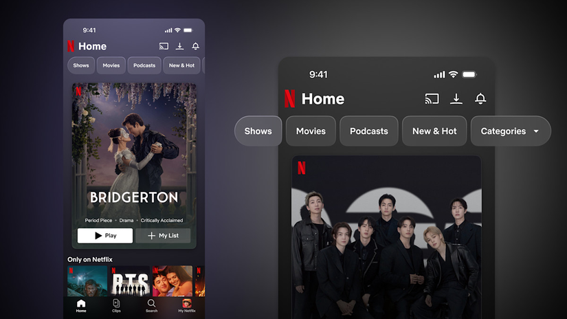 Uma imagem destacando a reformulação da tela inicial do Netflix para celular.