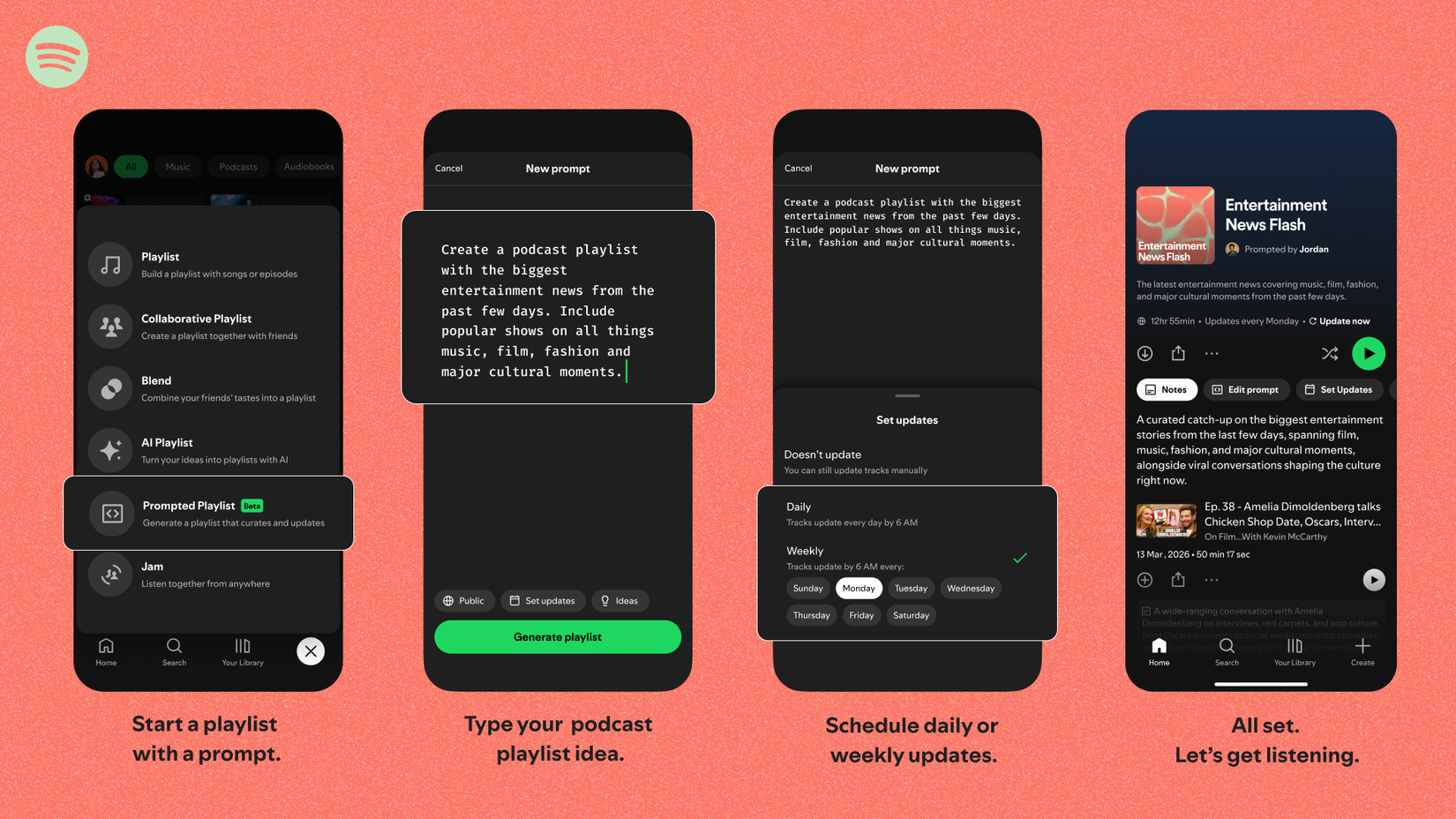 Lista de reprodução solicitada do Spotify criando uma lista de reprodução de podcast de entretenimento.