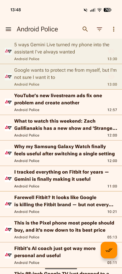 feeder app showing compact articles from Android Police