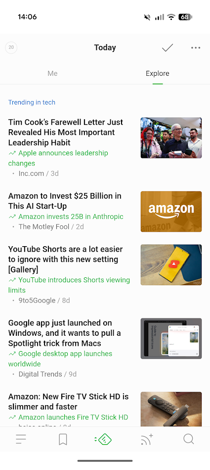 app feedly che mostra articoli correlati nella scheda Esplora