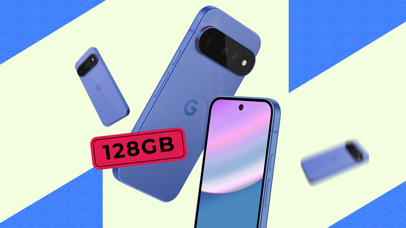 Telefones Google Pixel 11 azuis flutuantes com uma etiqueta de 