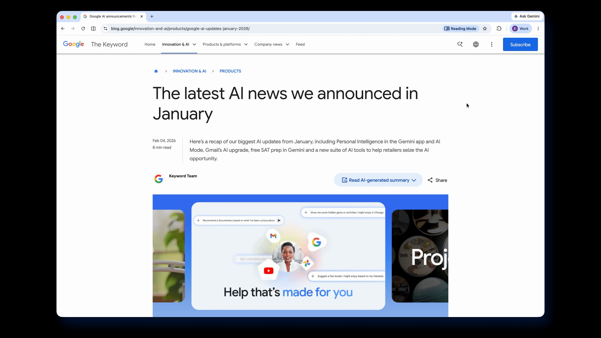 Um GIF destacando o modo de leitura em tela cheia do Google Chrome.