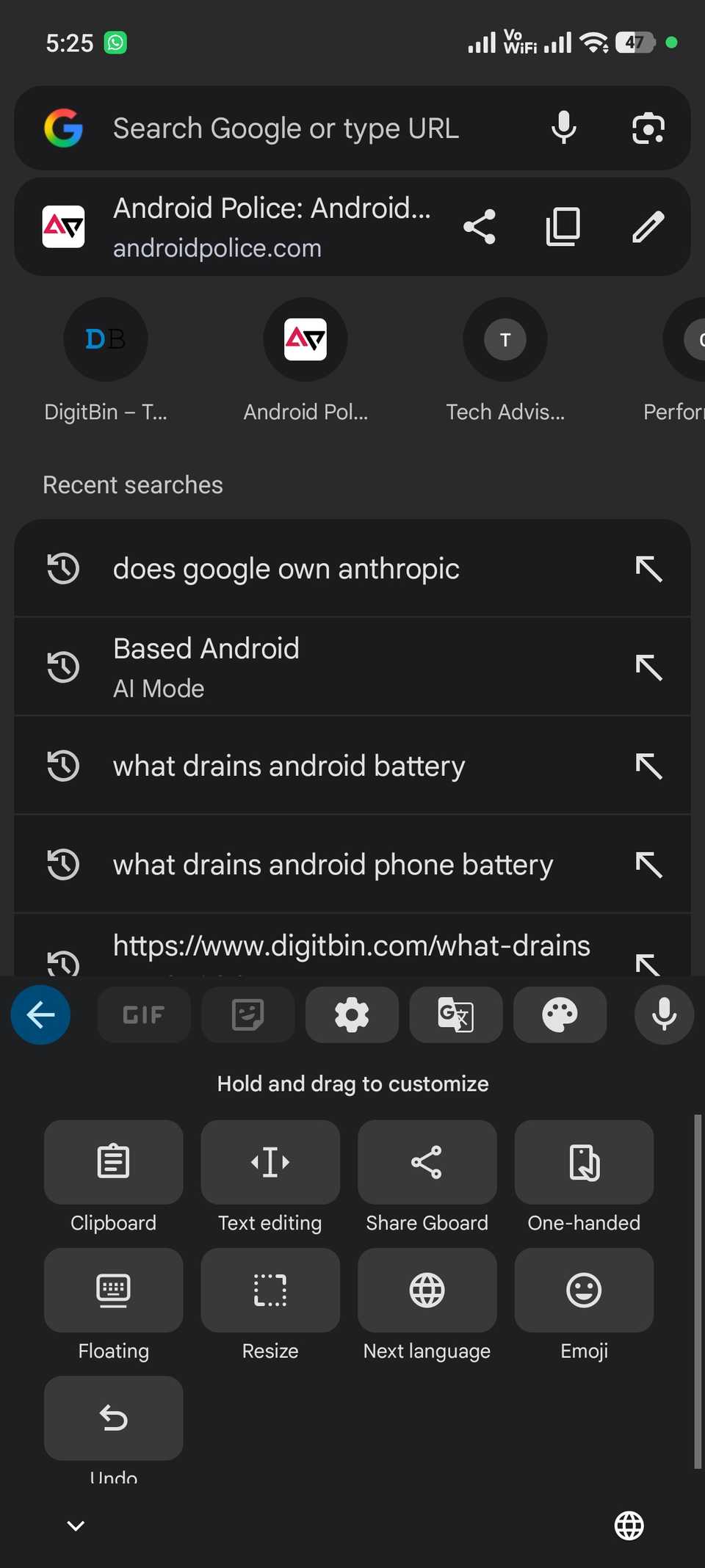 Gboard menu showing multiple options including Clipboard-1