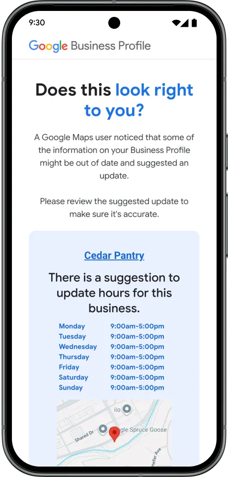 Uma captura de tela destacando sugestões de edição no perfil comercial.