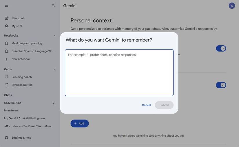 Captura de tela mostrando a caixa de diálogo de contexto pessoal no Gemini
