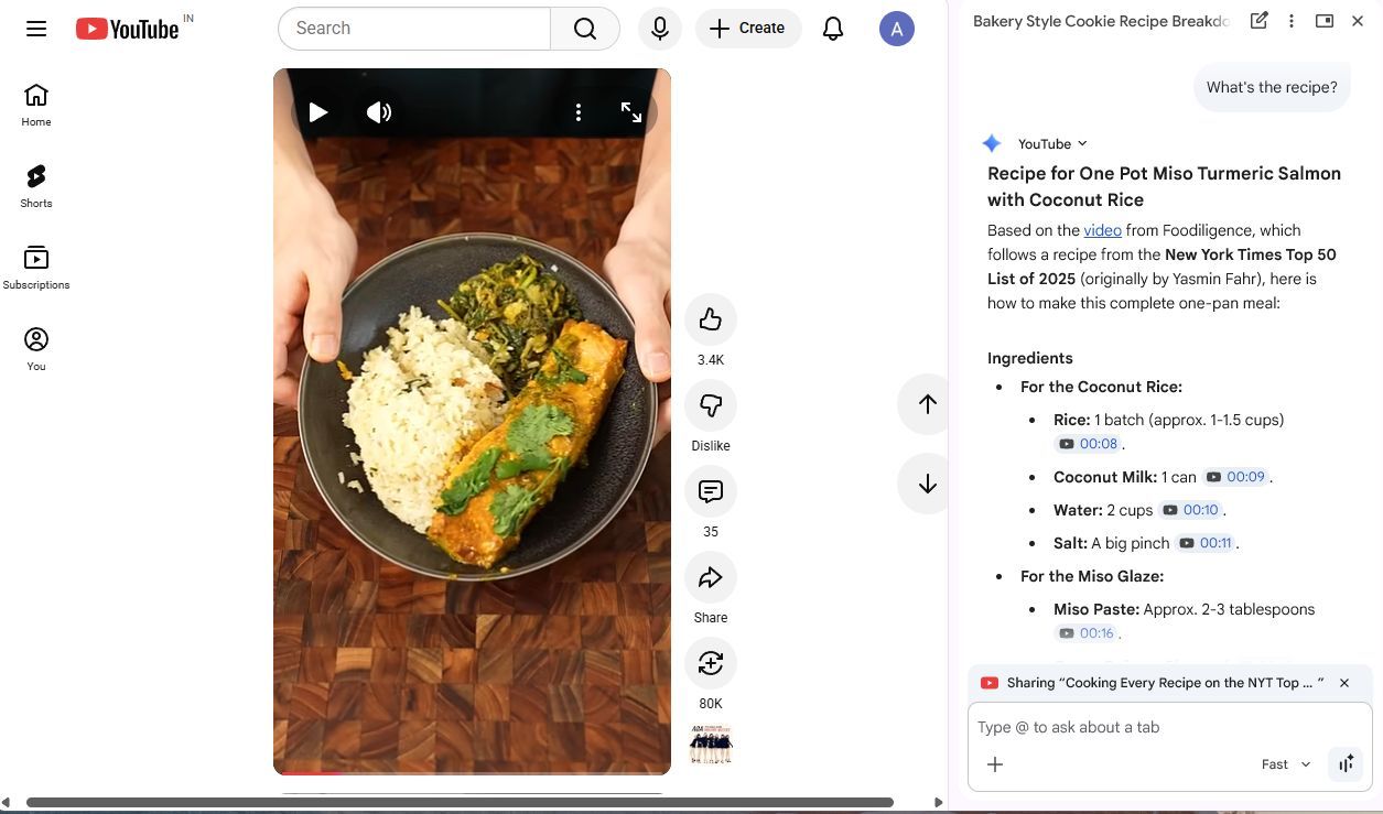 Screenshot showing the Gemini Ask feature in Chrome, summarizing a recipe shown in YouTube Shorts