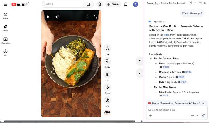 Screenshot showing the Gemini Ask feature in Chrome, summarizing a recipe shown in YouTube Shorts