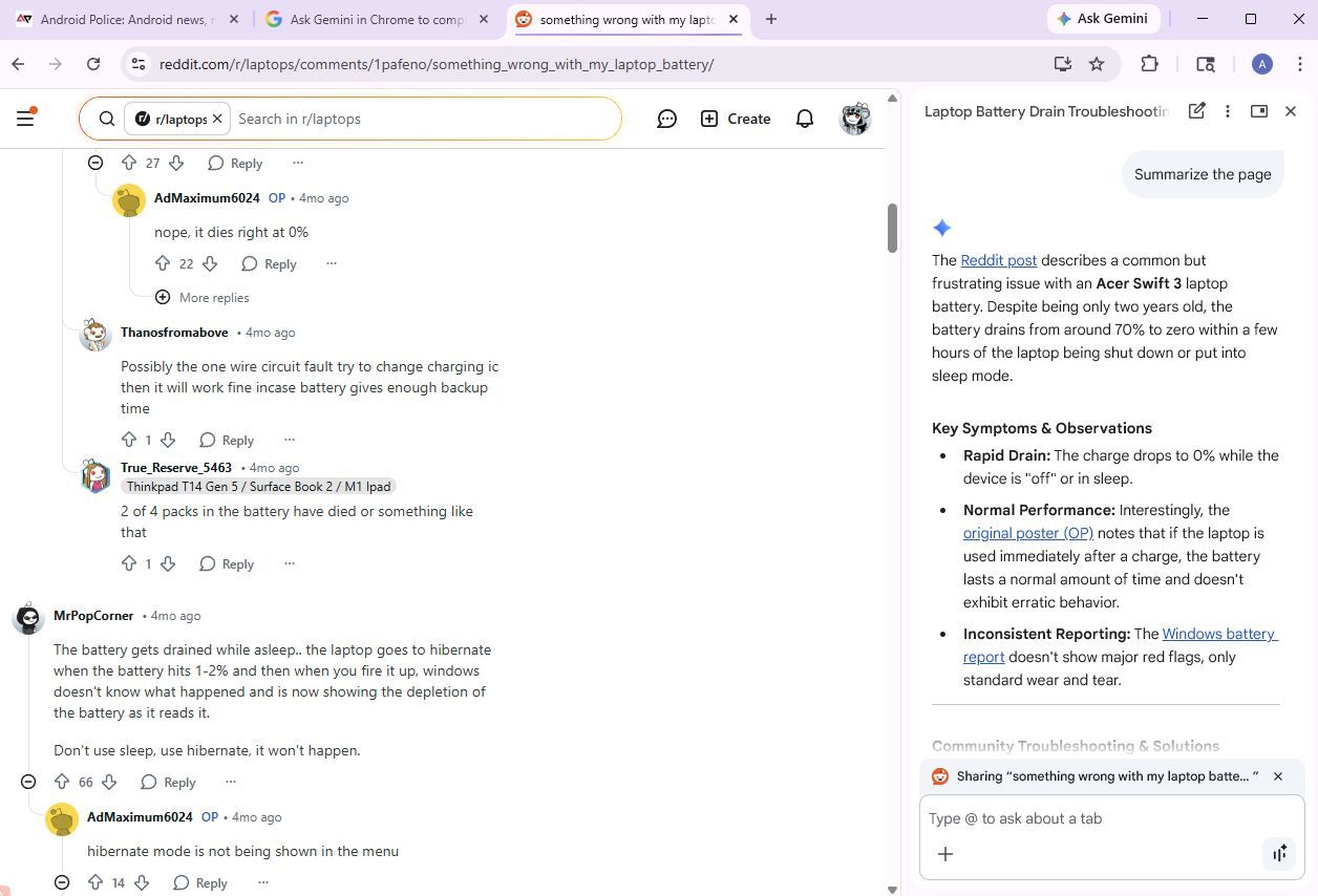Screenshot showing the Gemini in Chrome feature summarizing a Reddit thread