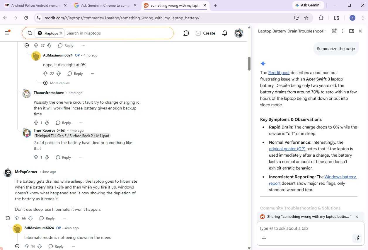 Screenshot showing the Gemini in Chrome feature summarizing a Reddit thread