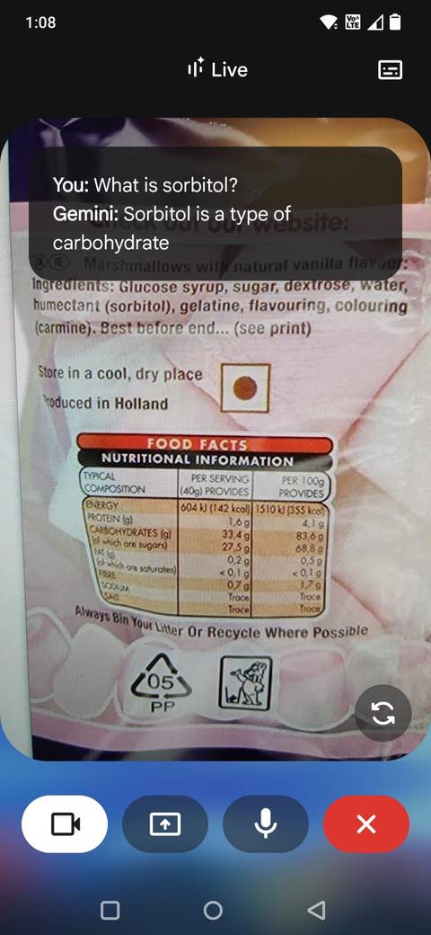 Screenshot showing the Gemini Live camera pointing at a label