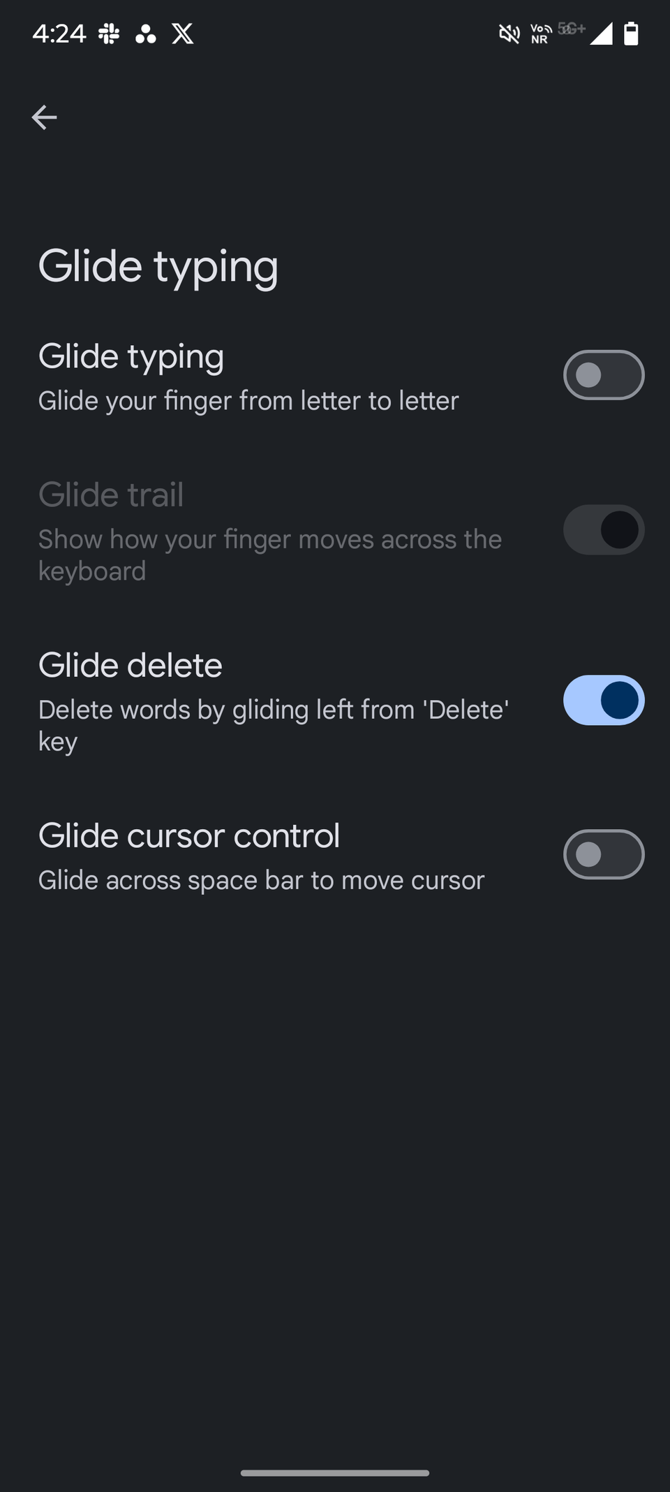 Screenshot showing the Glide delete toggle in Gboard