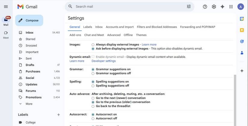 Captura de tela mostrando a opção ‘Perguntar antes de exibir imagens externas’ no Gmail