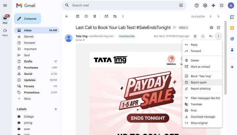 Captura de tela mostrando como denunciar spam no Gmail