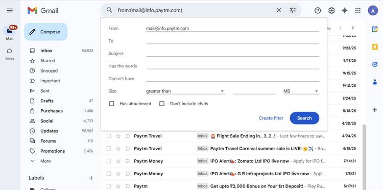 Четыре настройки Gmail, которые помогают блокировать спам и мошенничество Снимок экрана с параметрами фильтрации писем в интерфейсе почтового сервиса Gmail