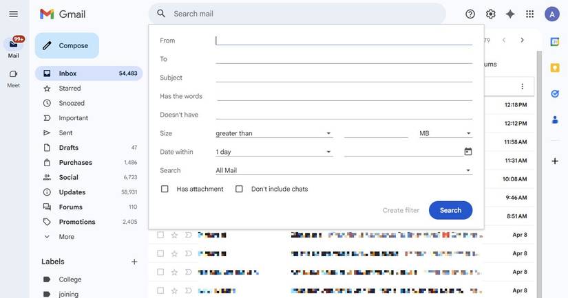 Screenshot che mostra il filtro di ricerca in Gmail