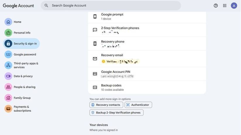 Captura de tela mostrando as opções de recuperação no site da Conta do Google