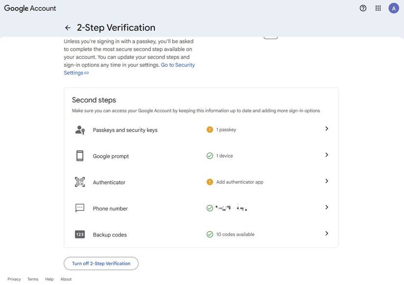 Captura de tela mostrando a página de verificação em duas etapas no site da Conta do Google