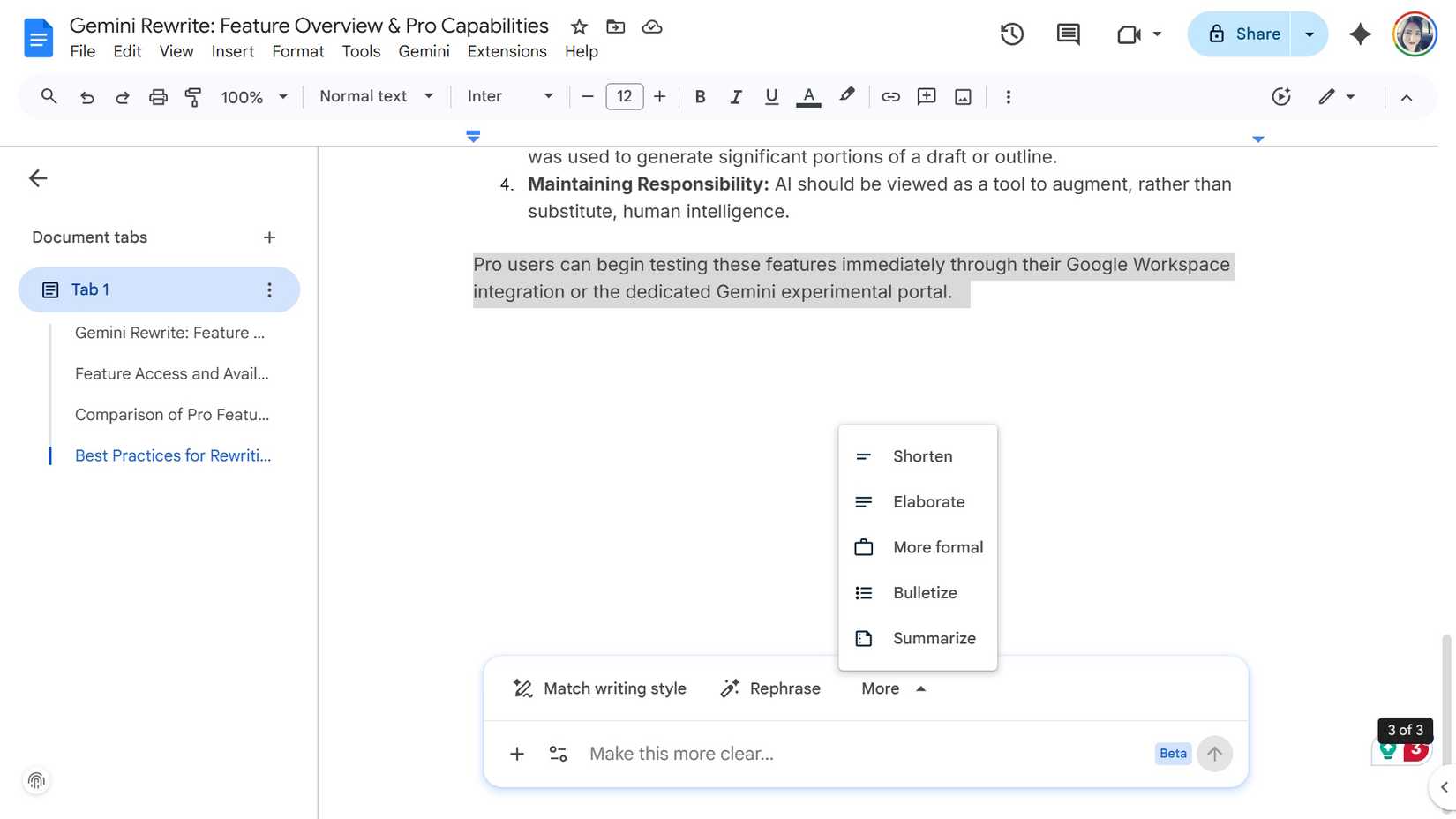 a list of Gemini rewrite options for a given text in Google docs