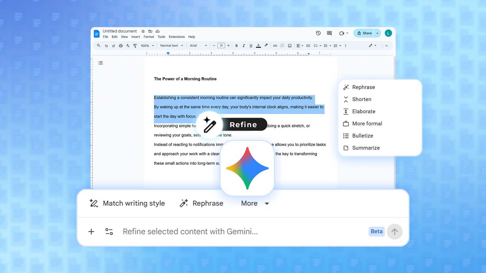 Interface do Google Docs com texto destacado e menus flutuantes de reescrita do Gemini AI, incluindo um botão Refinar e um menu suspenso com opções como Reformular e Encurtar.
