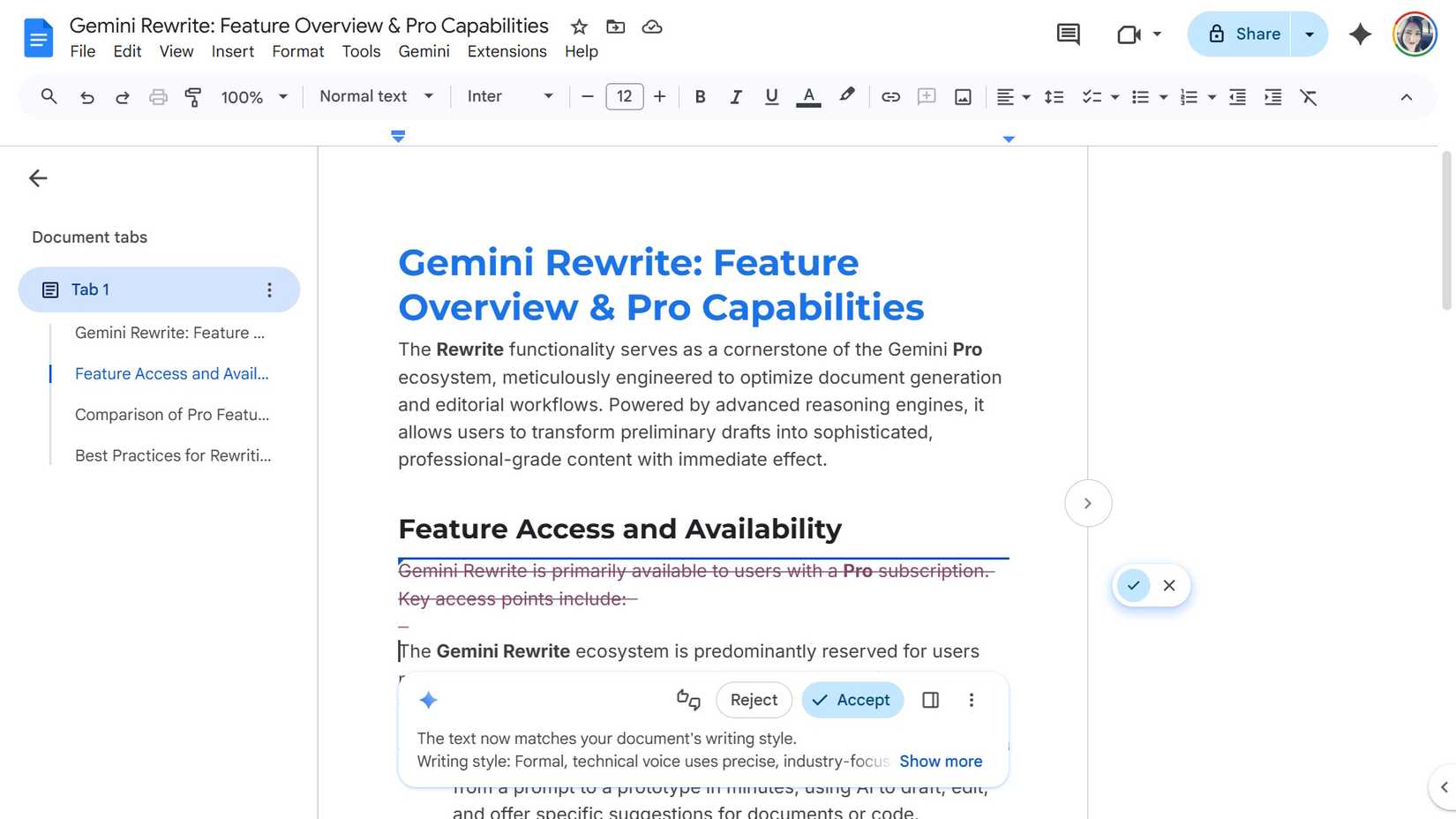 rewriting the second lede to match the first lede tone in Google Docs using Gemini rewrite