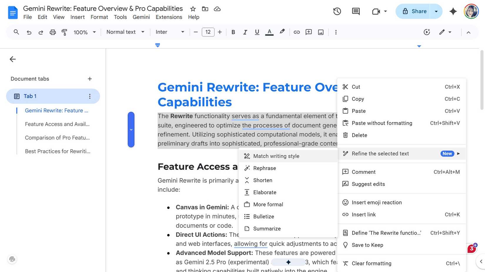 selecting match writing style in refine the selec text window on a google docs lede