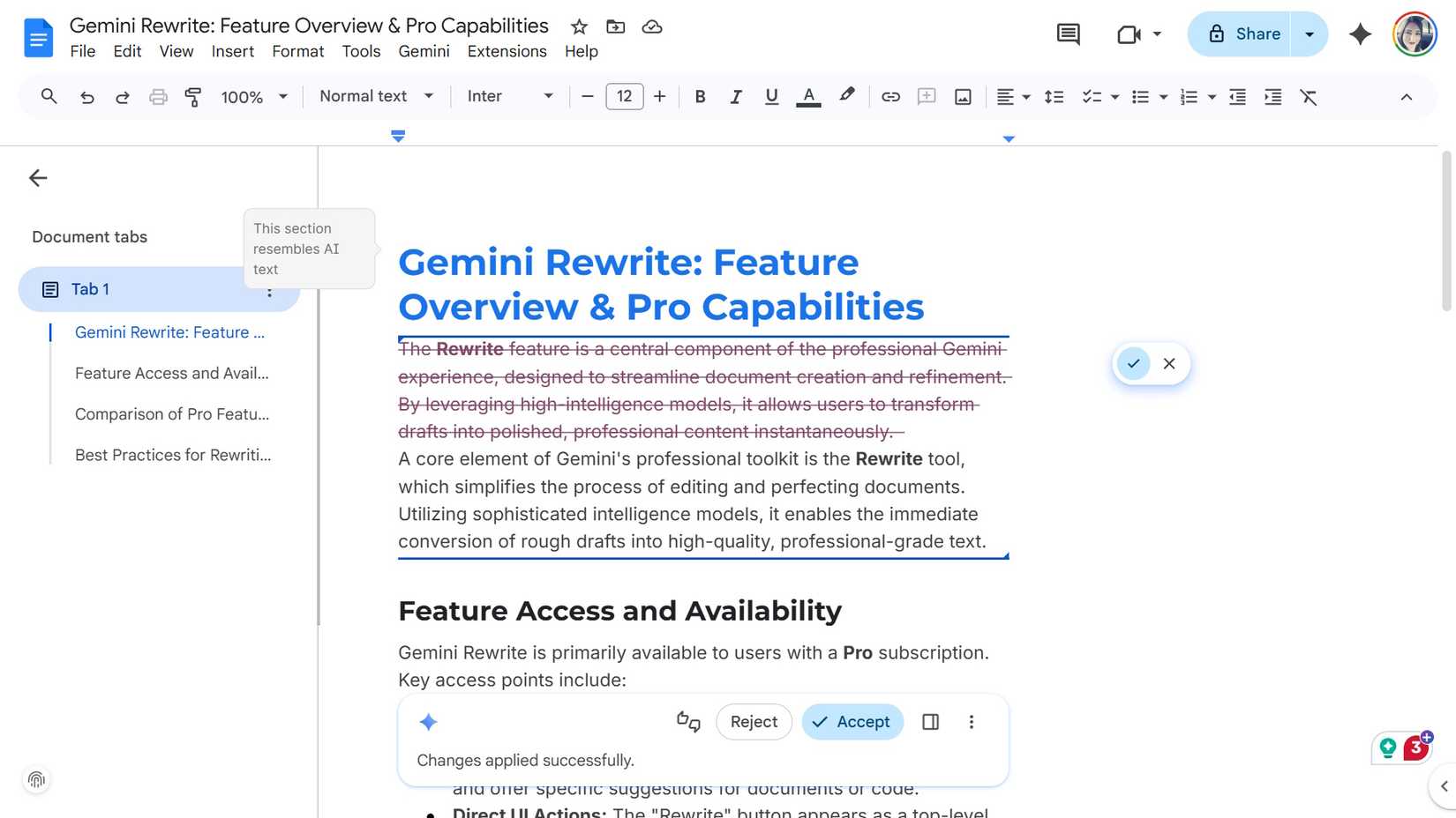 Gemini rewrite using rephrase tool to change the lede into a generic rewrite of the text without correcting tone