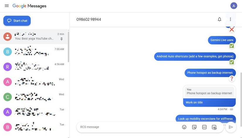 Captura de tela mostrando uma conversa de bate-papo no Mensagens do Google para web