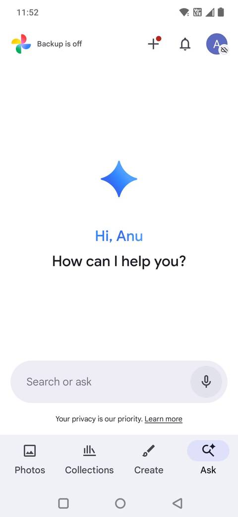 Screenshot showing the Ask tab in Google Photos
