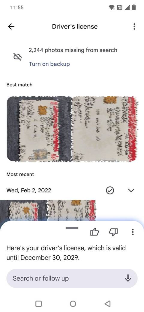 Screenshot showing the Ask results in Google Photos