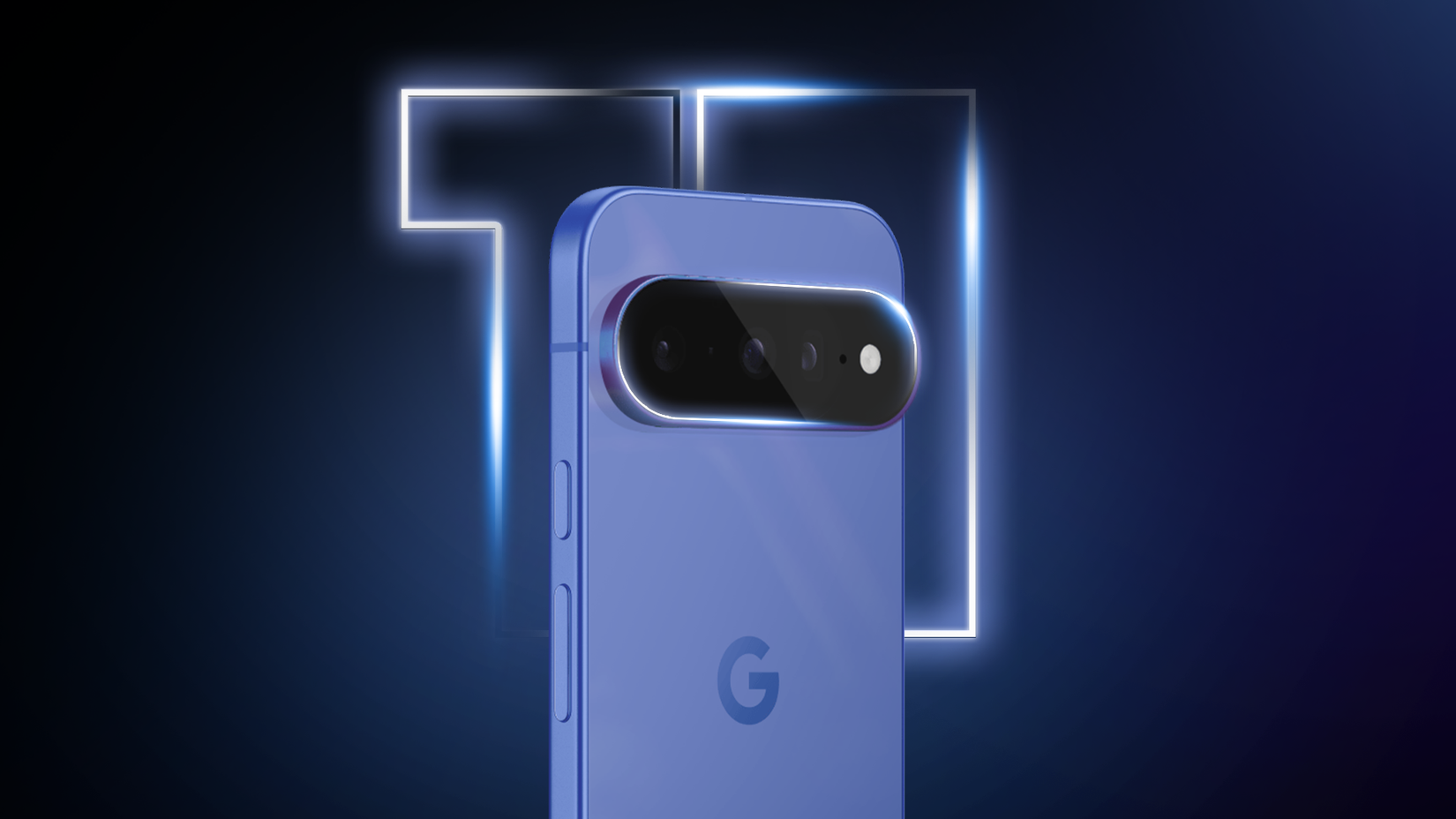 Google Pixel 11 visto de trás, com uma luz brilhante ao redor da barra da câmera em um fundo azul escuro.