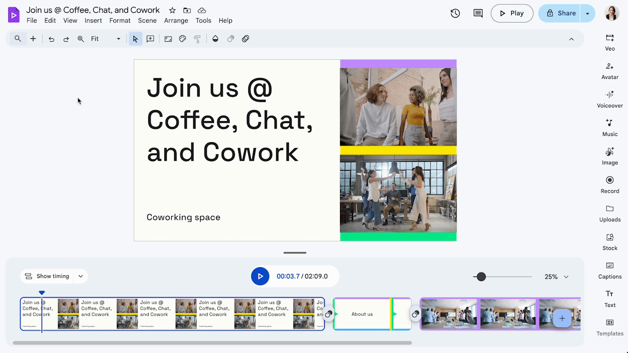 A short GIF highlighting Google Vids' YouTube export option.