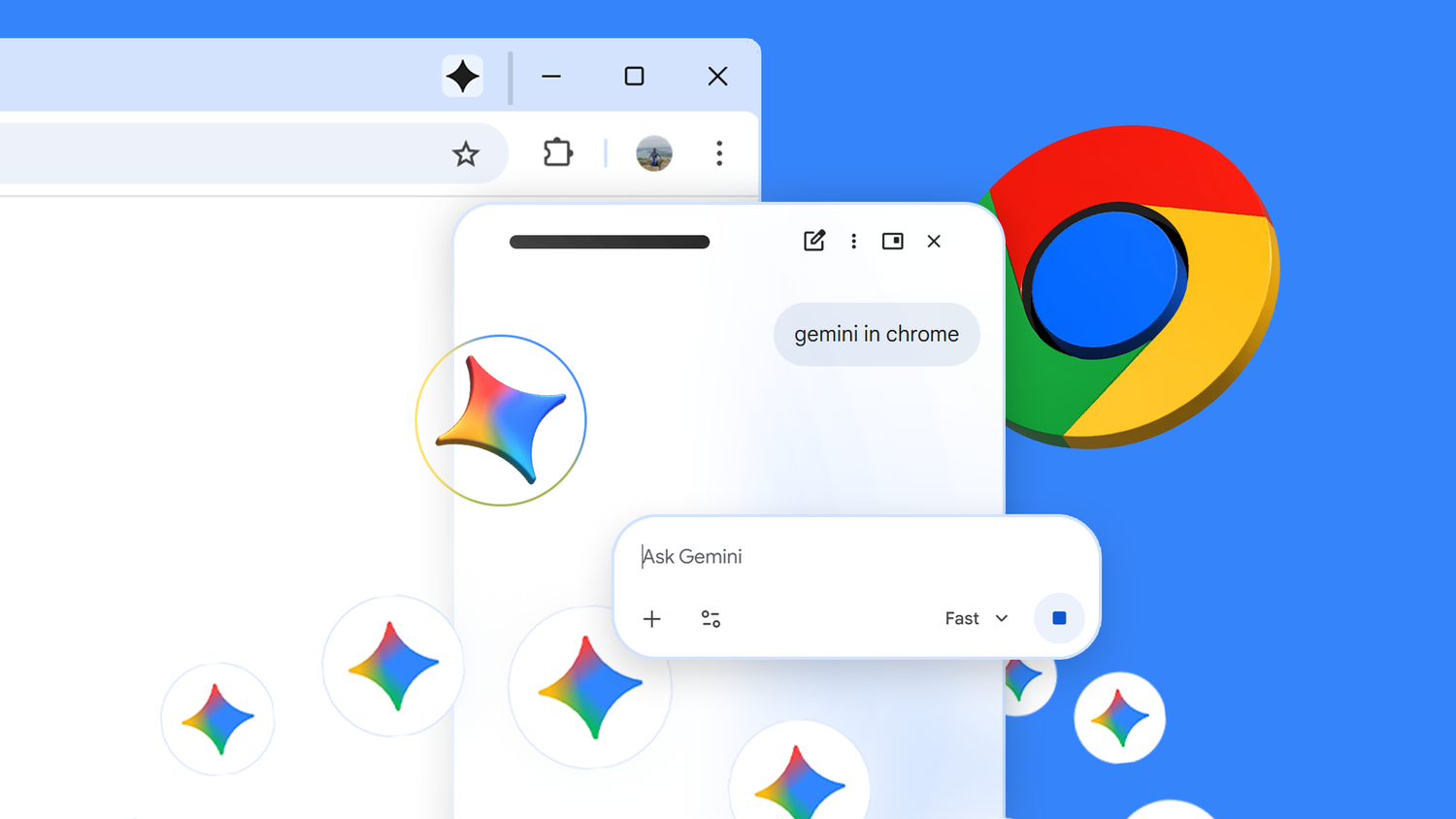 Graphic showing the Gemini chat interface open over a Google Chrome browser window, surrounded by floating Gemini spark icons and a 3D Chrome logo