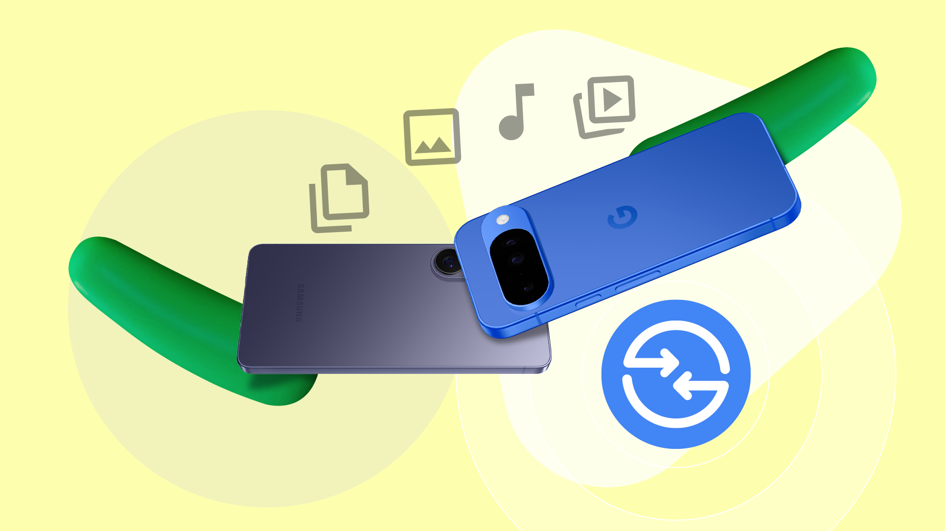 رسم توضيحي لجهاز Google Pixel وهاتف Samsung وهما ينقران معًا لمشاركة الملفات، مع وجود أيقونة مشاركة سريعة كبيرة في المقدمة.