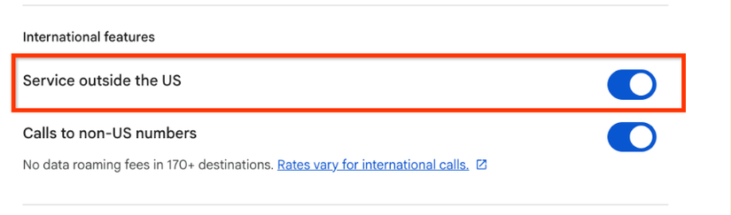 Uma captura de tela destacando o serviço do Google Fi fora dos EUA.